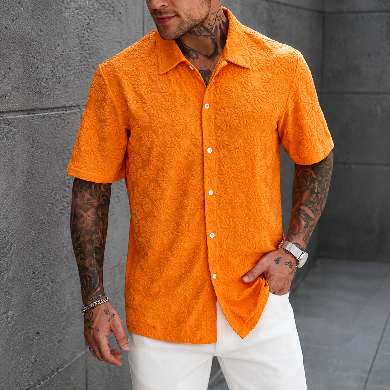 Casual Solid Colored Textured Jacquard Short Sleeve Shirt