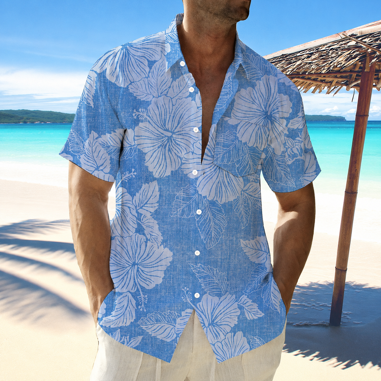 Hawaiian Floral Print Pocket Short Sleeve Button Up Shirt For Men