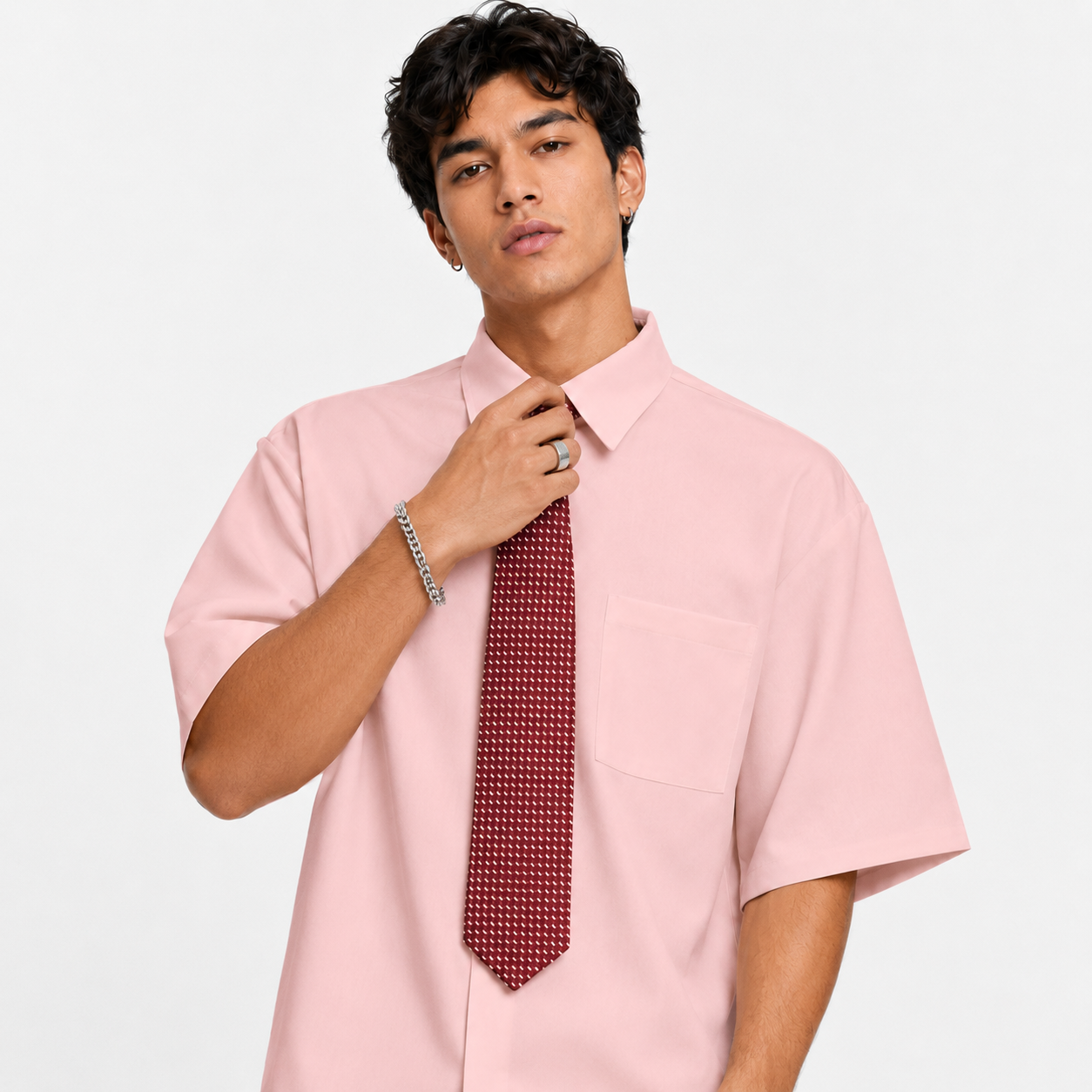 Solid Color Loose Fit Short Sleeve Shirt With Tie For Men