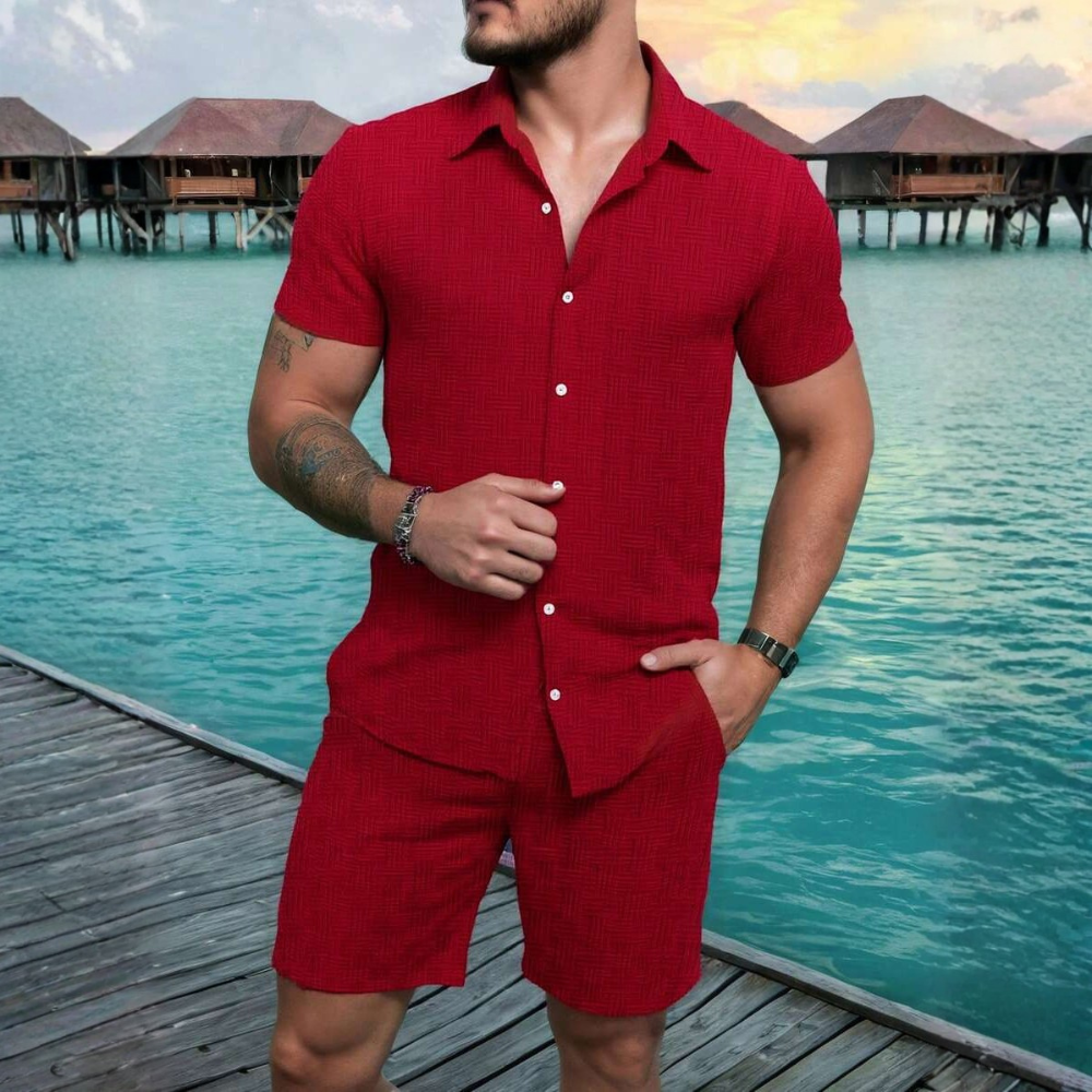 Button Up Shirt And Shorts Set For Men