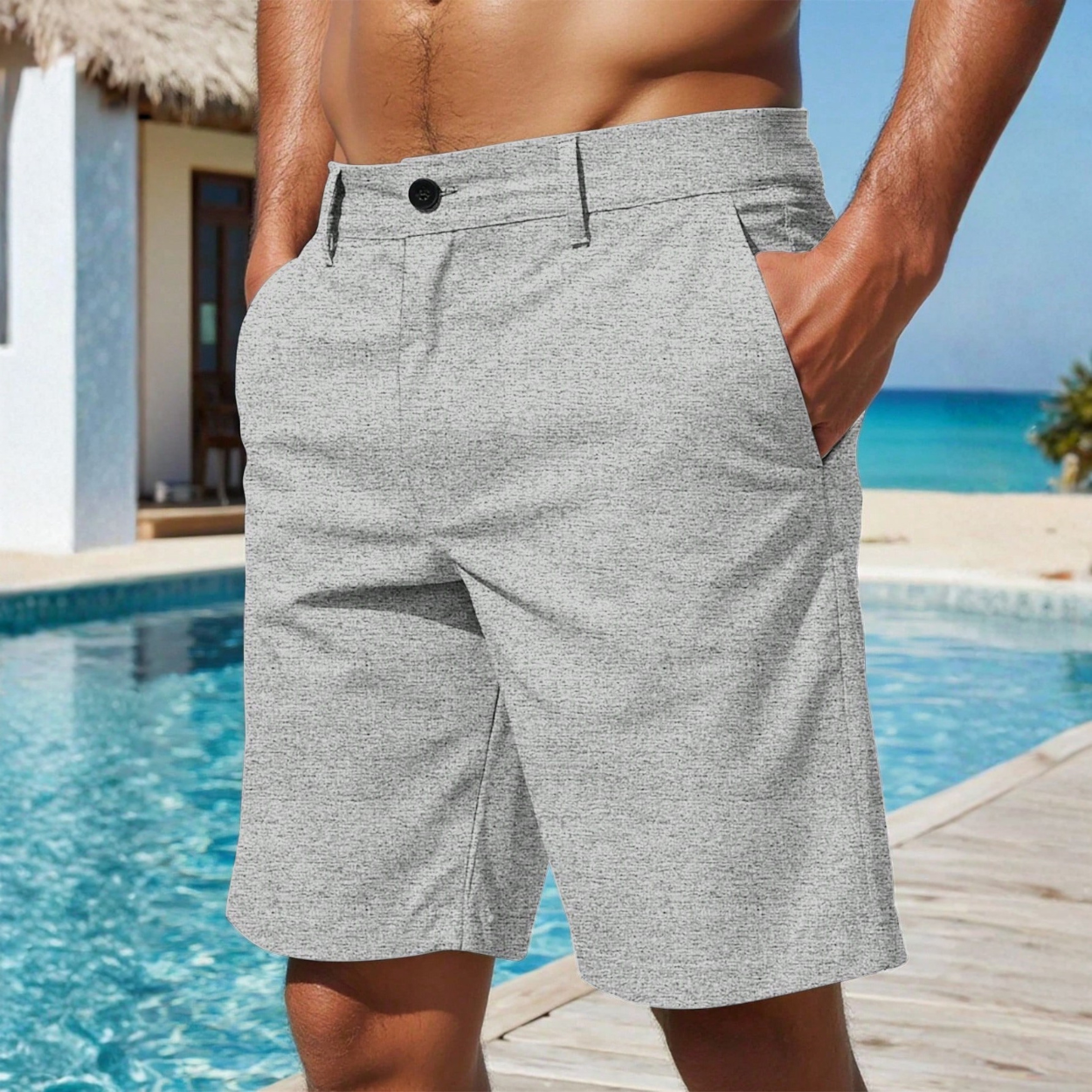 Loose Linen Slant Pocket Length Shorts For Men