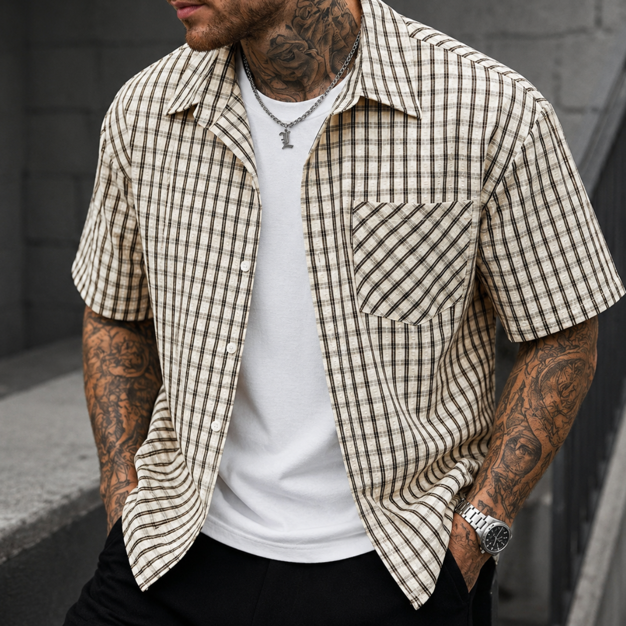 Casual Retro Checkered Short Sleeve Shirt For Men