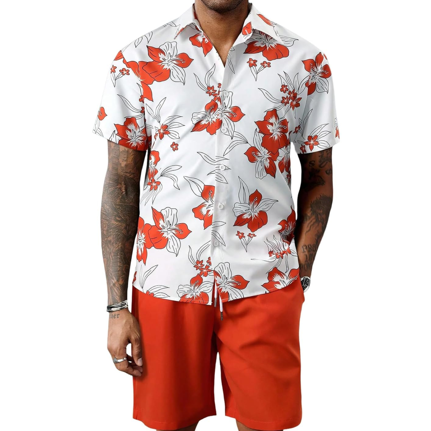 2 Pieces Button Down Shirt and Short Vacation Outfits Set