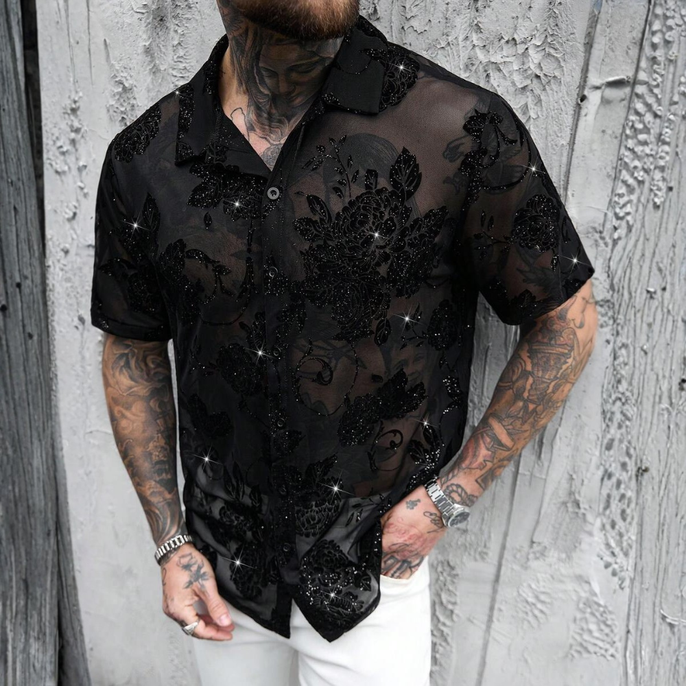Glitter Rhinestone Mesh Cuban Collar Short Sleeve Party Shirt For Men