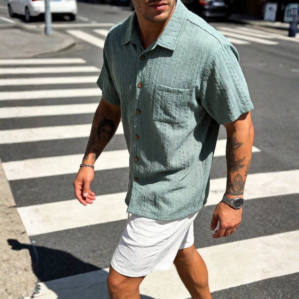 Textured Revere Collar Short Sleeve Casual Vacation Shirt For Men