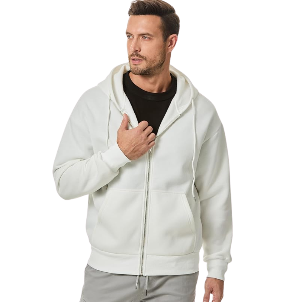 Men’s Full Zip Cotton Fleece Hoodie With Drawstring And Kangaroo Pocket