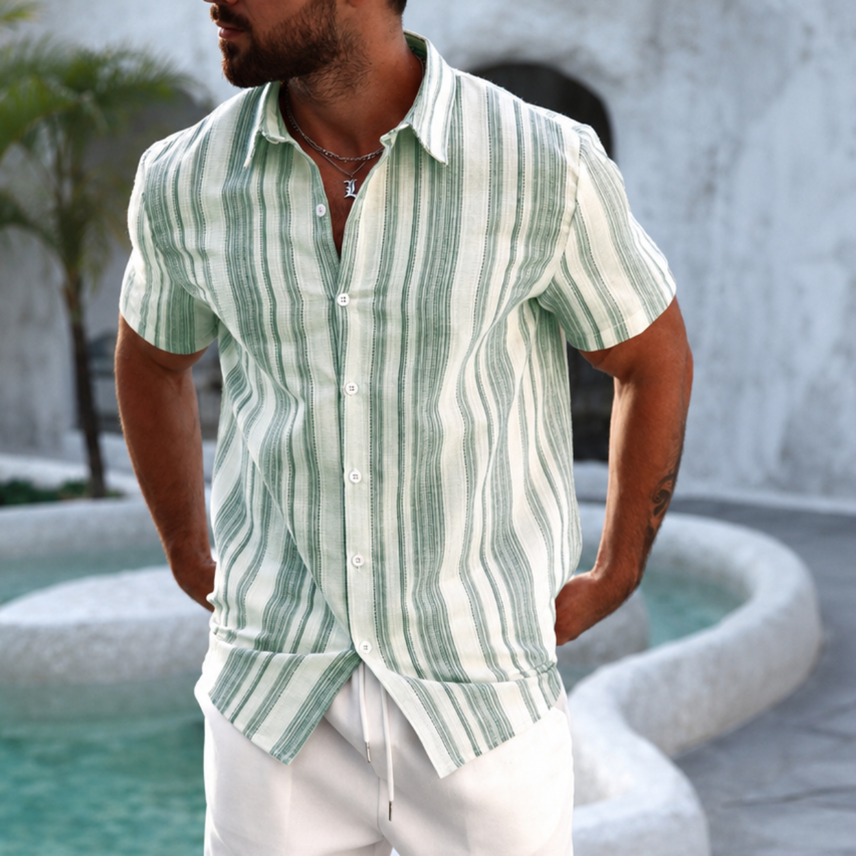 Striped Pattern Short Sleeve Button Up Shirt For Men
