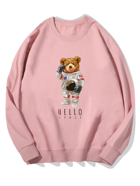 Astronaut Bear Print Cotton Sweatshirt-Vacay Outfit