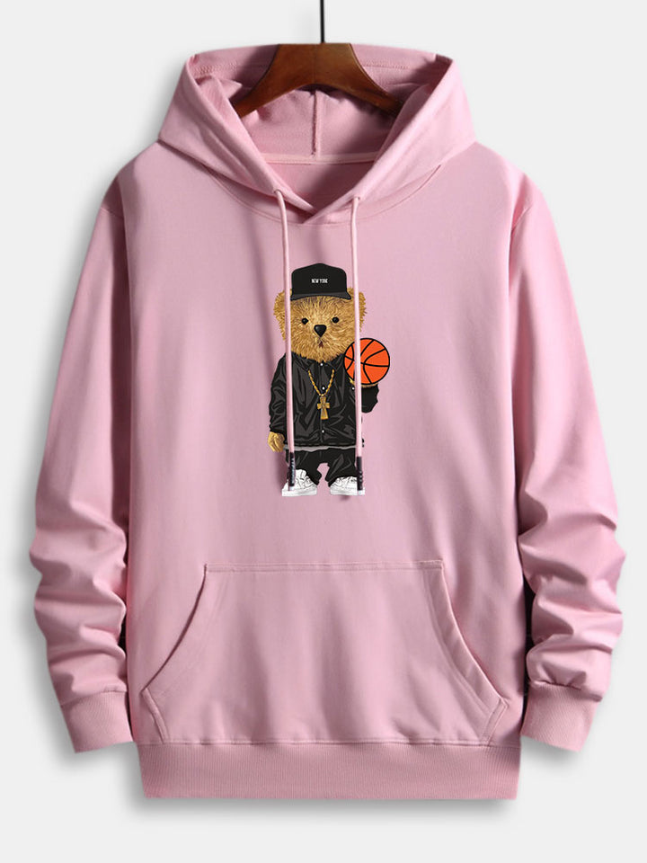Basketball Bear Print Cotton Hoodie-Vacay Outfit