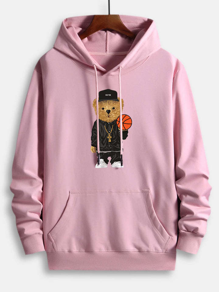 Basketball Bear Print Cotton Hoodie-Vacay Outfit