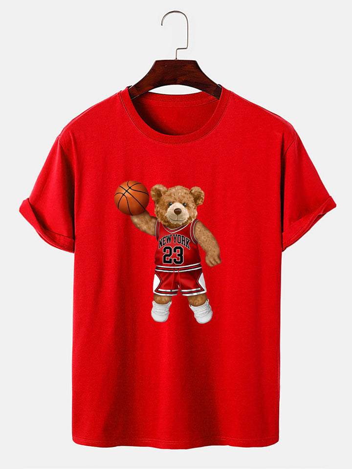 Bear Playing Basketball Print T-Shirt-Vacay Outfit