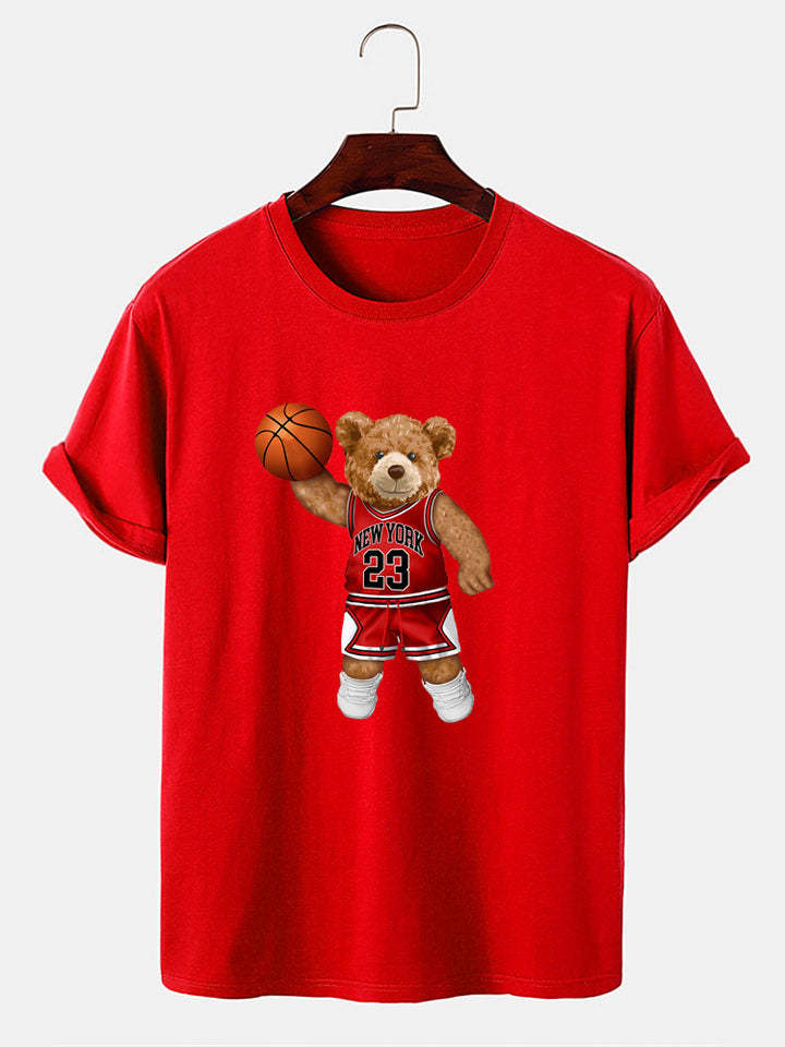Bear Playing Basketball Print T-Shirt-Vacay Outfit