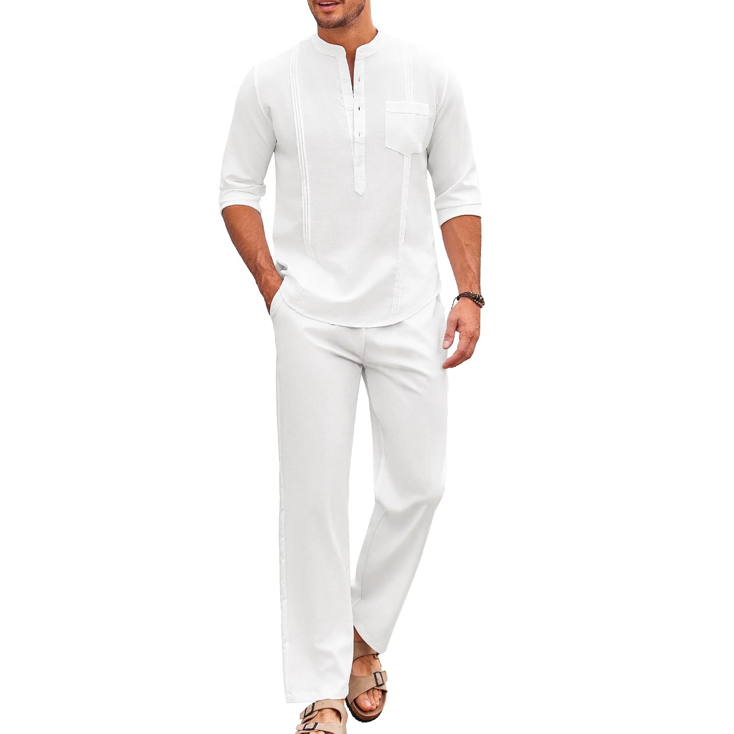 Casual Long Sleeve Loose Beach Shirt And Pant Set For Men