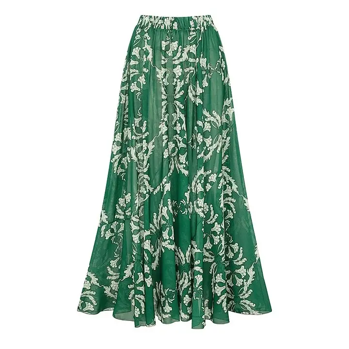 Women's v-neck Green Print One Piece Swimsuit and Matching Cover Skirt Set