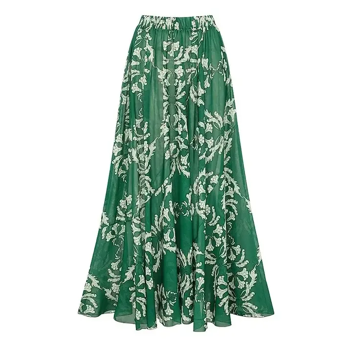Women's v-neck Green Print One Piece Swimsuit and Matching Cover Skirt Set