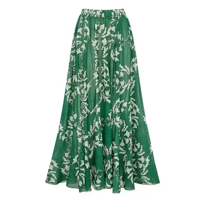 Women's v-neck Green Print One Piece Swimsuit and Matching Cover Skirt Set