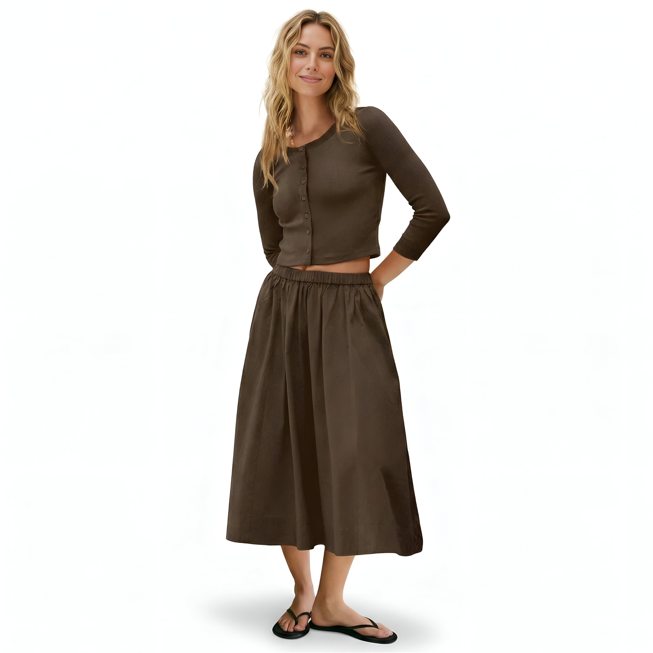 Two Piece Lounge Set With Ribbed Button Down Cardigan For Women