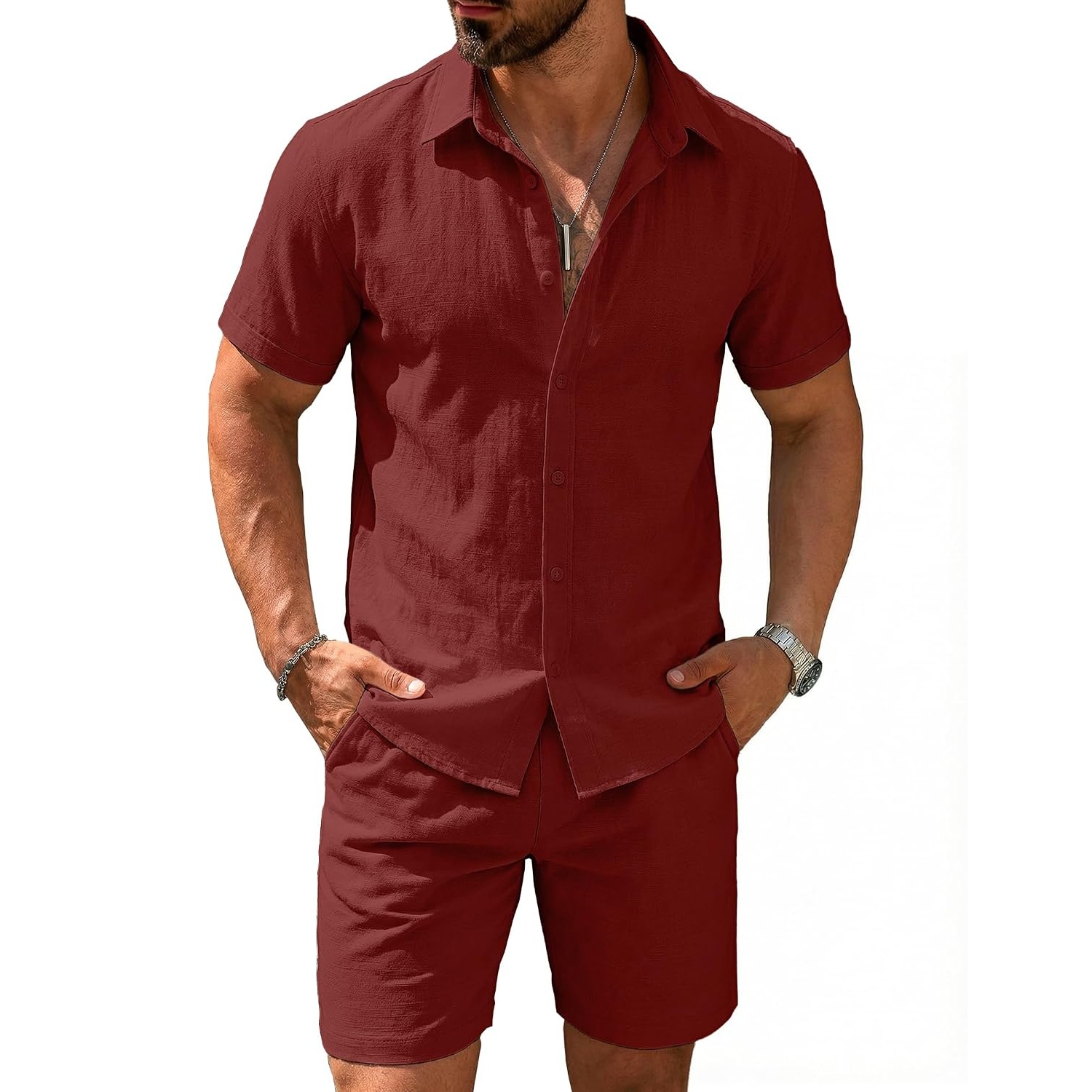 Casual Cotton Linen Summer Beach Wear Shirt And Short Set For Men