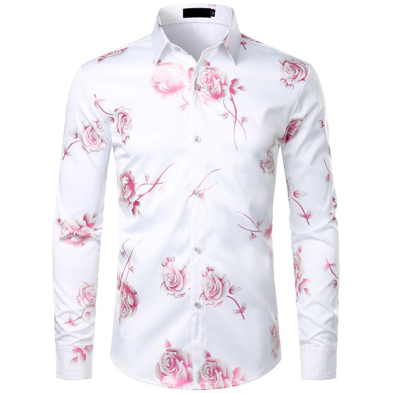 Slim Fit 3D Rose Print Long Sleeve Casual Shirt For Men