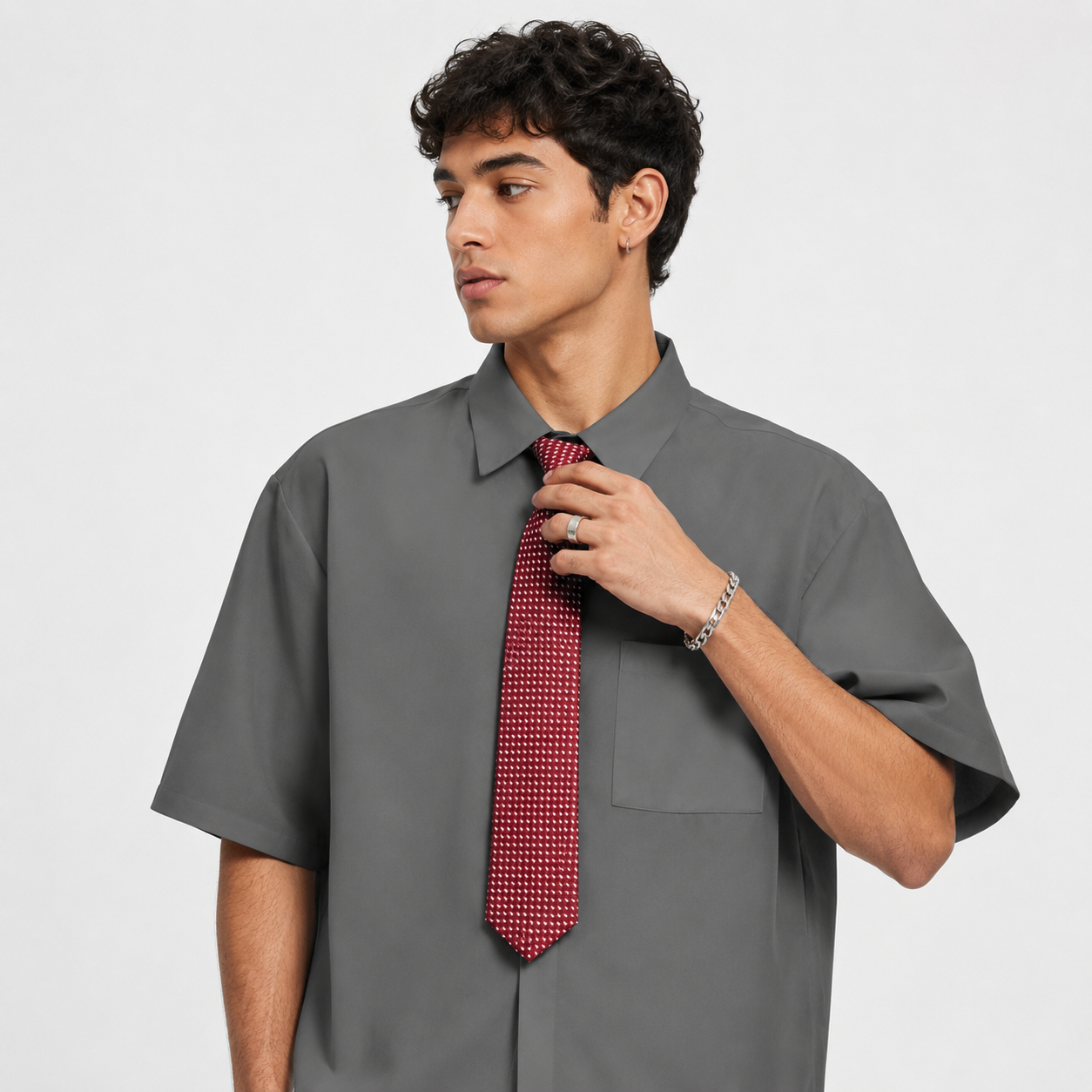 Solid Color Loose Fit Short Sleeve Shirt With Tie For Men