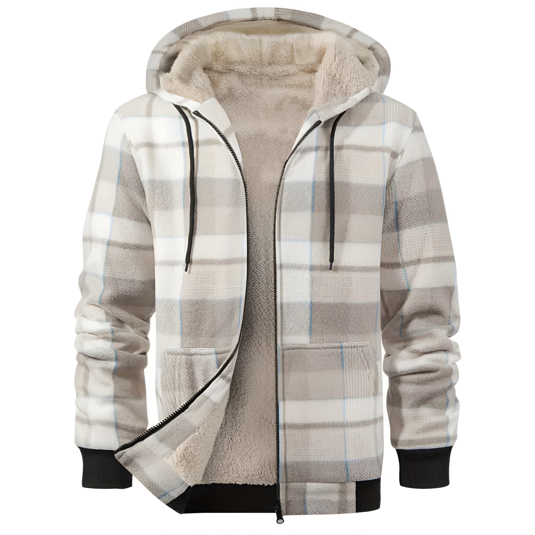 Full Zip Hooded Jacket for Men with Sherpa Lining and Plaid Design