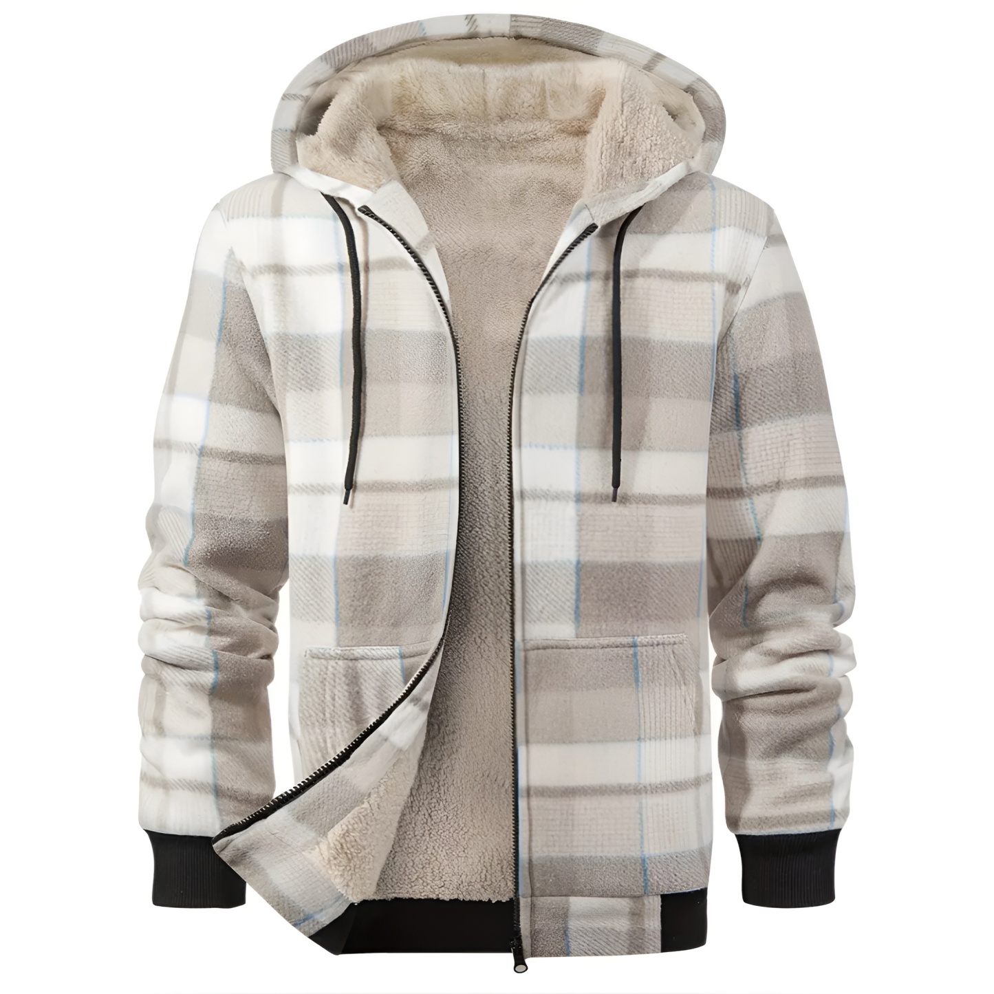 Full Zip Hooded Jacket for Men with Sherpa Lining and Plaid Design
