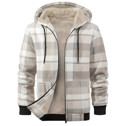 Full Zip Hooded Jacket for Men with Sherpa Lining and Plaid Design