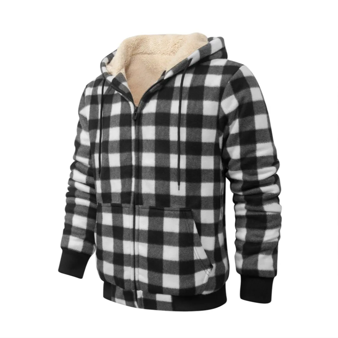 Full Zip Hooded Jacket for Men with Sherpa Lining and Plaid Design