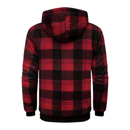Full Zip Hooded Jacket for Men with Sherpa Lining and Plaid Design