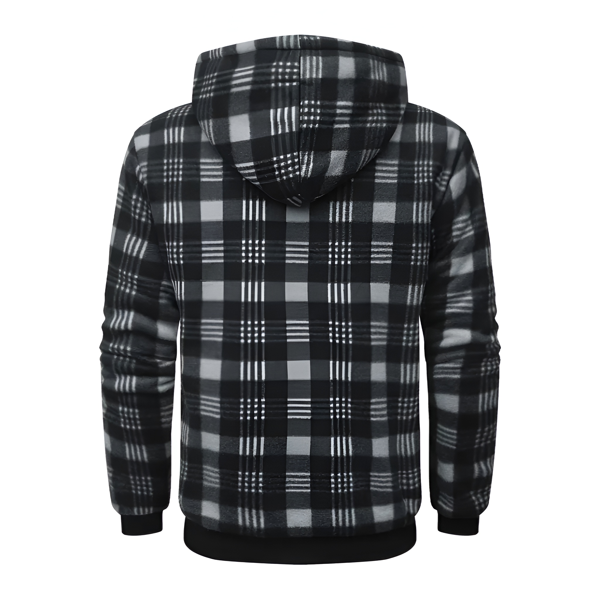 Full Zip Hooded Jacket for Men with Sherpa Lining and Plaid Design