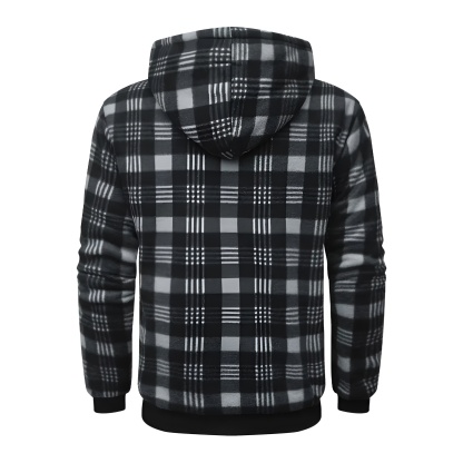 Full Zip Hooded Jacket for Men with Sherpa Lining and Plaid Design