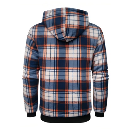 Full Zip Hooded Jacket for Men with Sherpa Lining and Plaid Design
