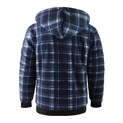Full Zip Hooded Jacket for Men with Sherpa Lining and Plaid Design