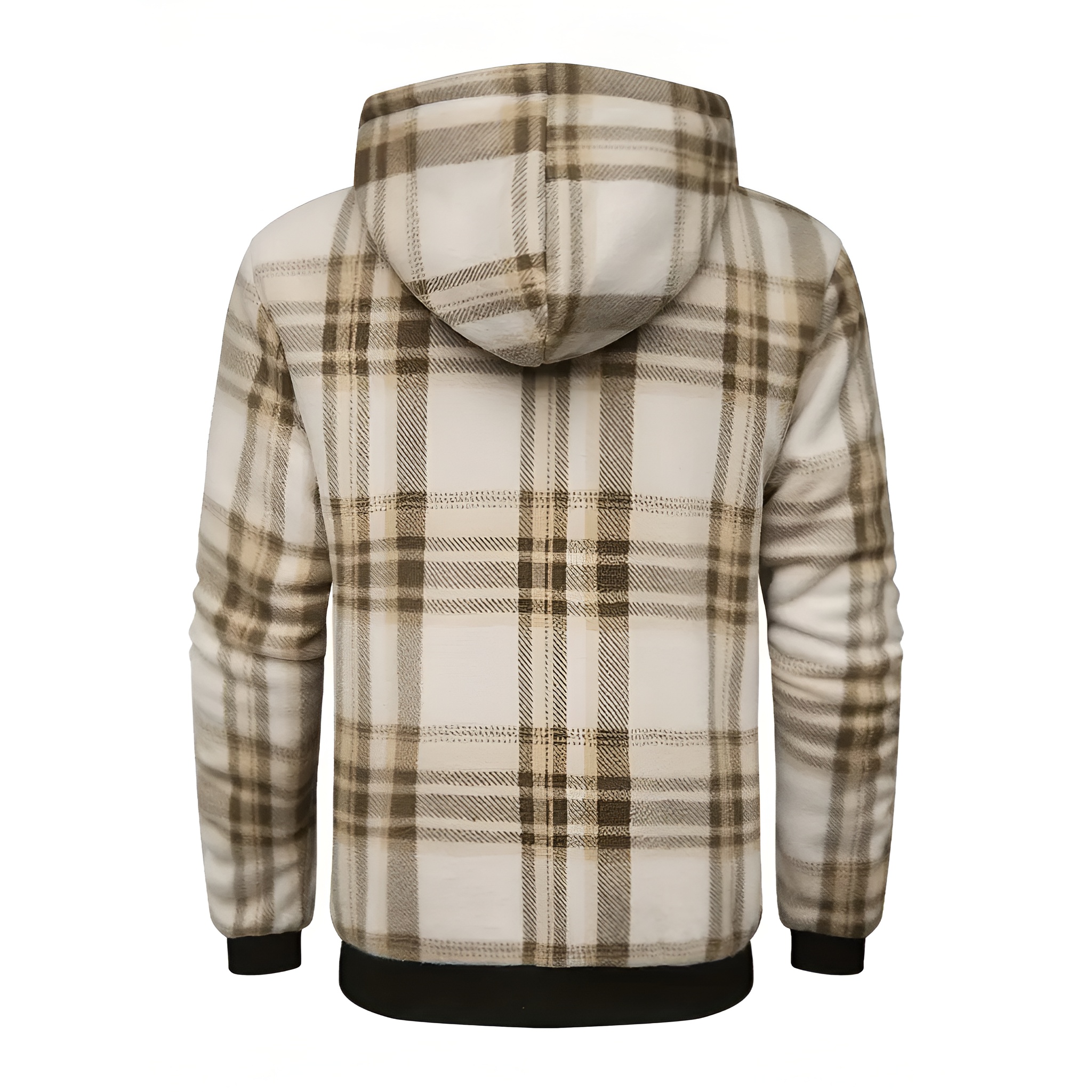 Full Zip Hooded Jacket for Men with Sherpa Lining and Plaid Design