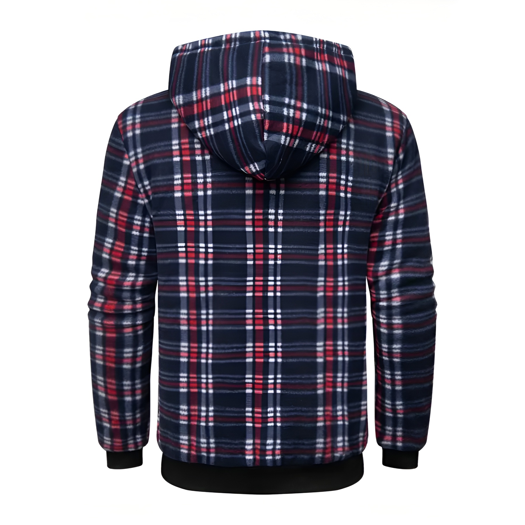 Full Zip Hooded Jacket for Men with Sherpa Lining and Plaid Design