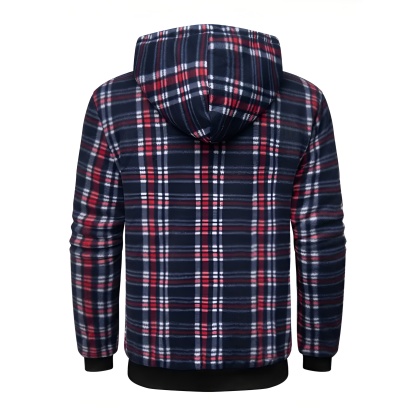 Full Zip Hooded Jacket for Men with Sherpa Lining and Plaid Design