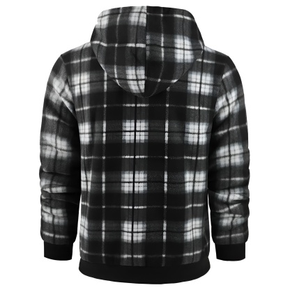 Full Zip Hooded Jacket for Men with Sherpa Lining and Plaid Design