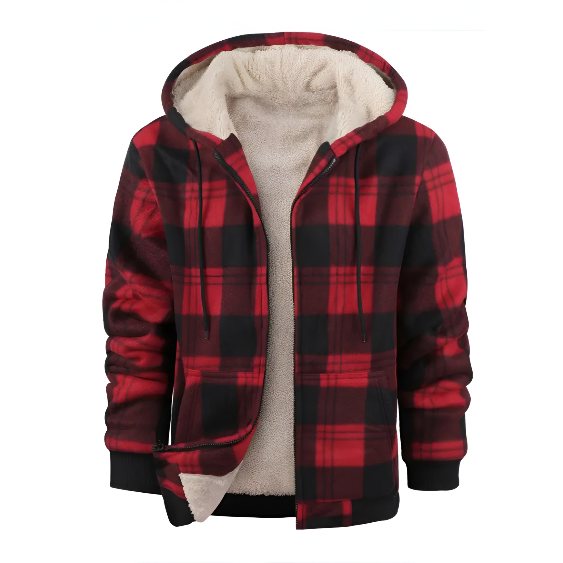 Full Zip Hooded Jacket for Men with Sherpa Lining and Plaid Design