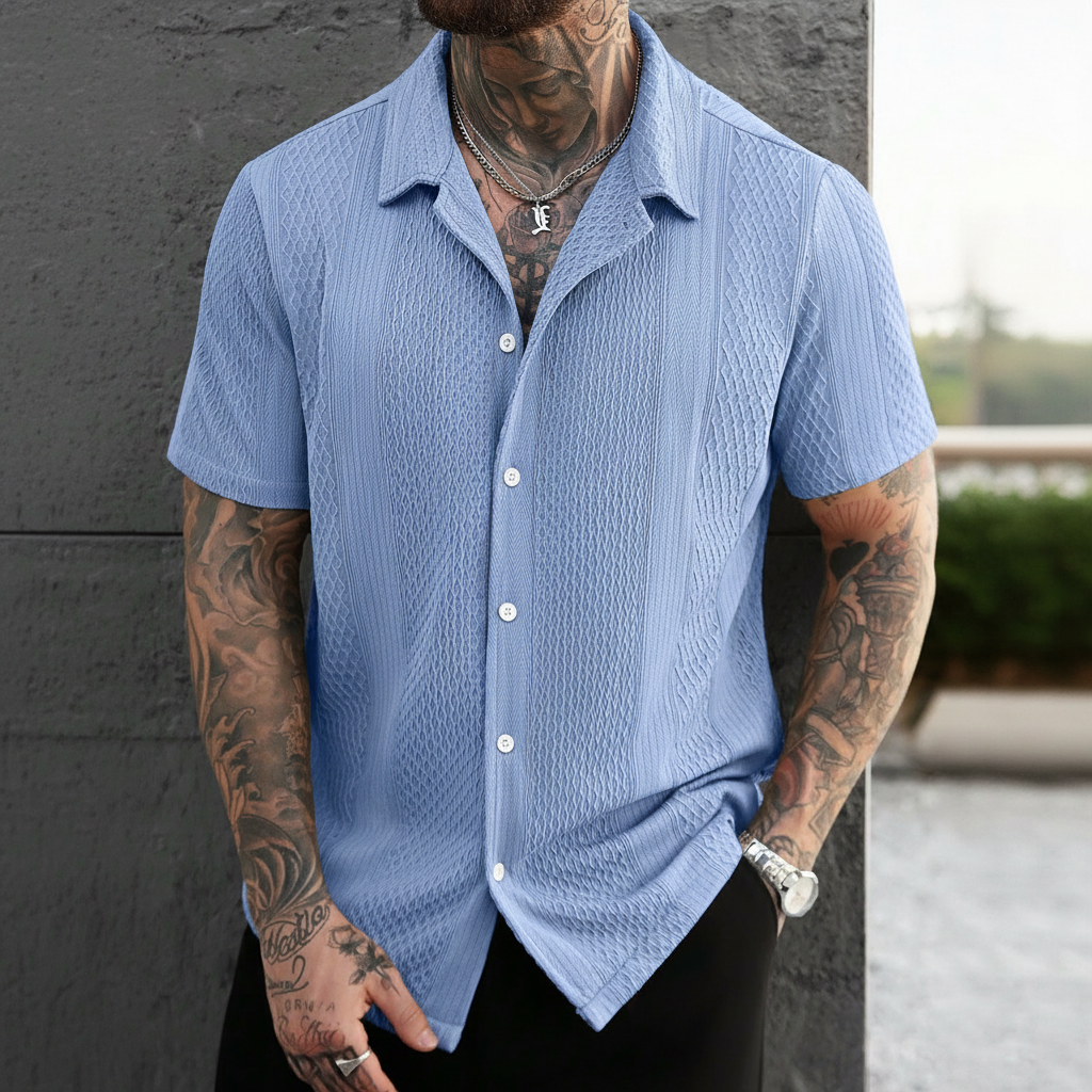 Solid Color Jacquard Knit Short Sleeve Button Front Shirt For Men