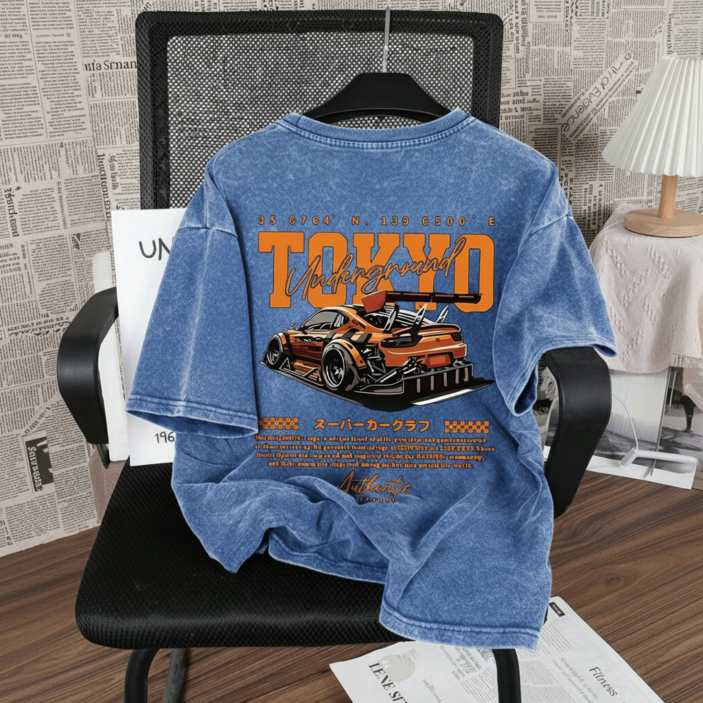 Racing Themed Slim Washed Vintage Short Sleeve T Shirt For Men