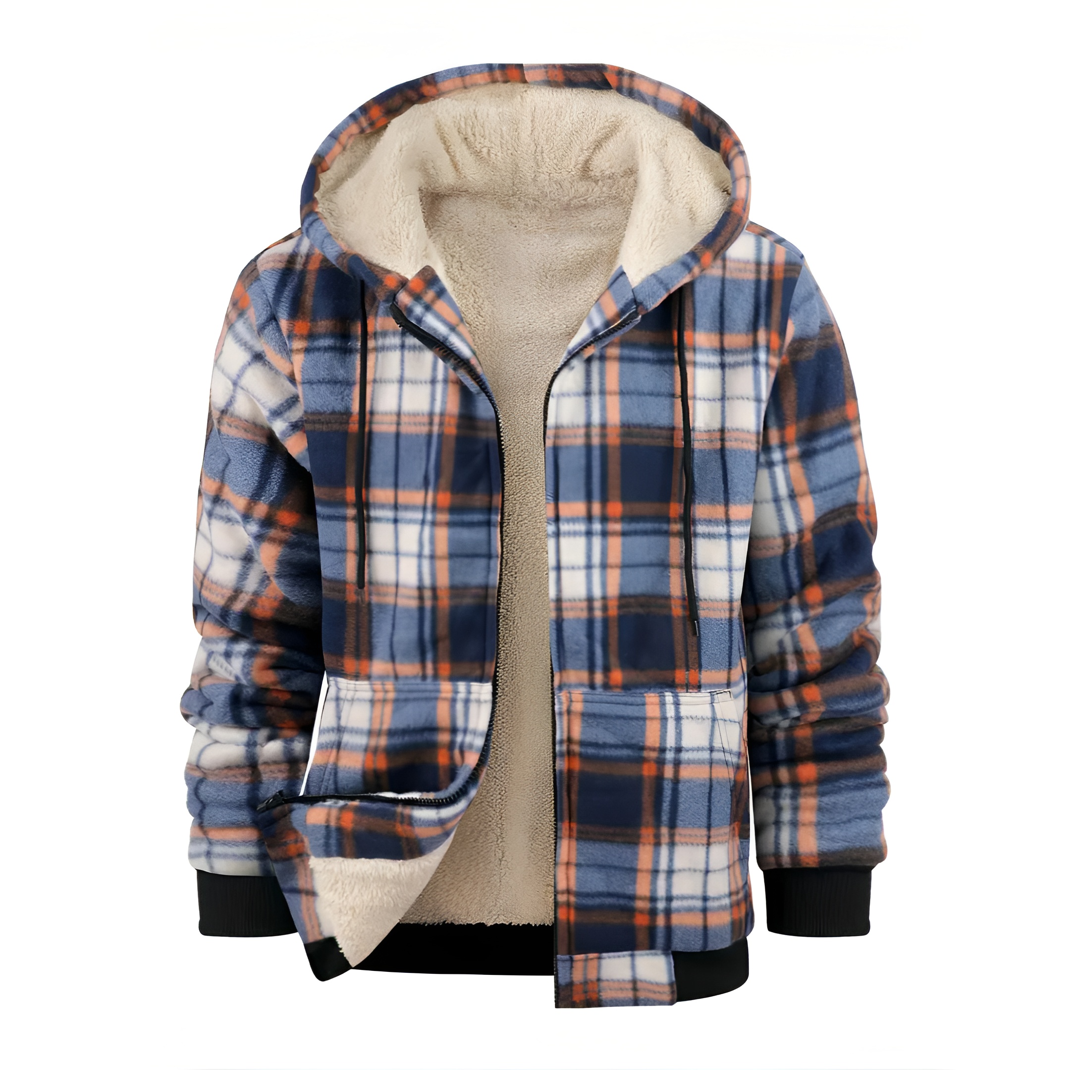 Full Zip Hooded Jacket for Men with Sherpa Lining and Plaid Design