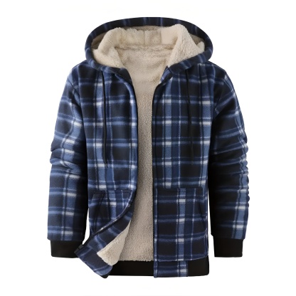 Full Zip Hooded Jacket for Men with Sherpa Lining and Plaid Design