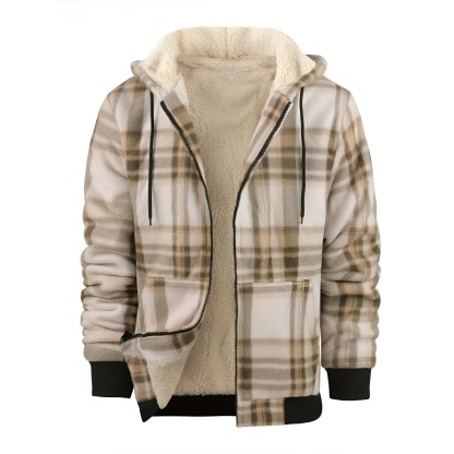 Full Zip Hooded Jacket for Men with Sherpa Lining and Plaid Design