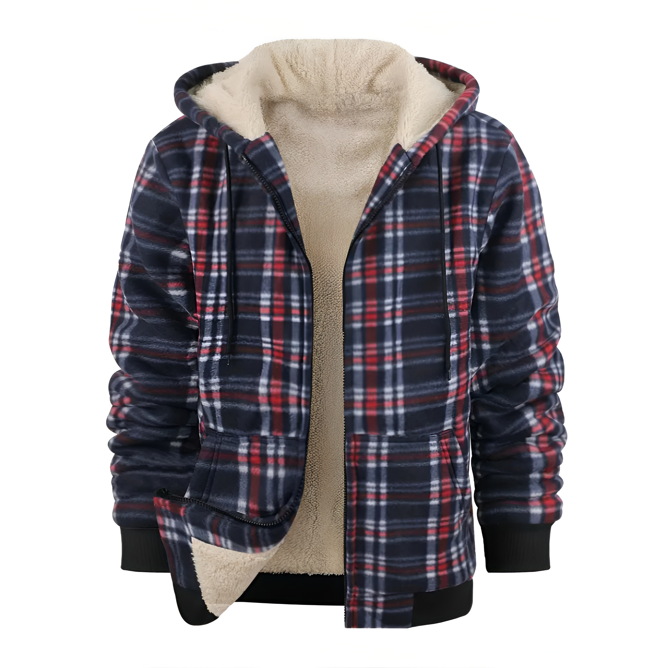 Full Zip Hooded Jacket for Men with Sherpa Lining and Plaid Design