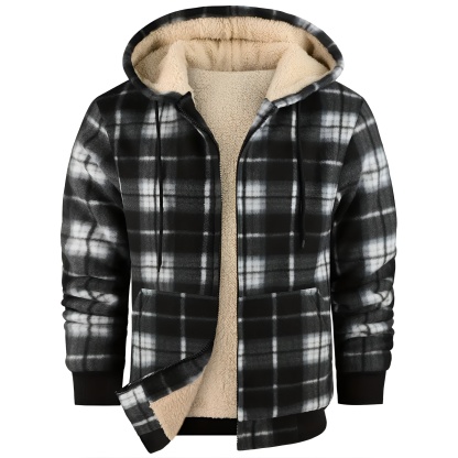 Full Zip Hooded Jacket for Men with Sherpa Lining and Plaid Design