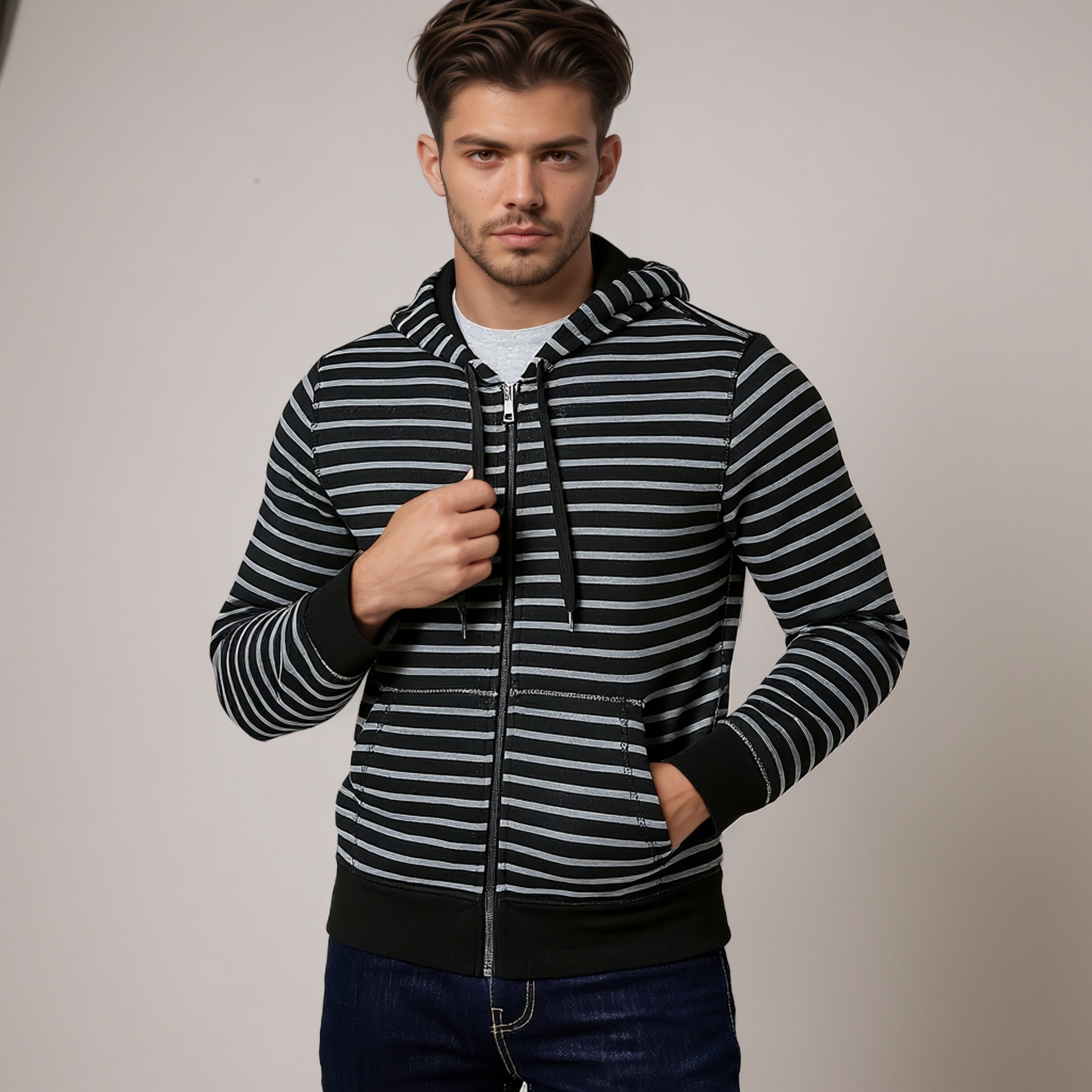 Striped Fleece Zip Hoodie for Men