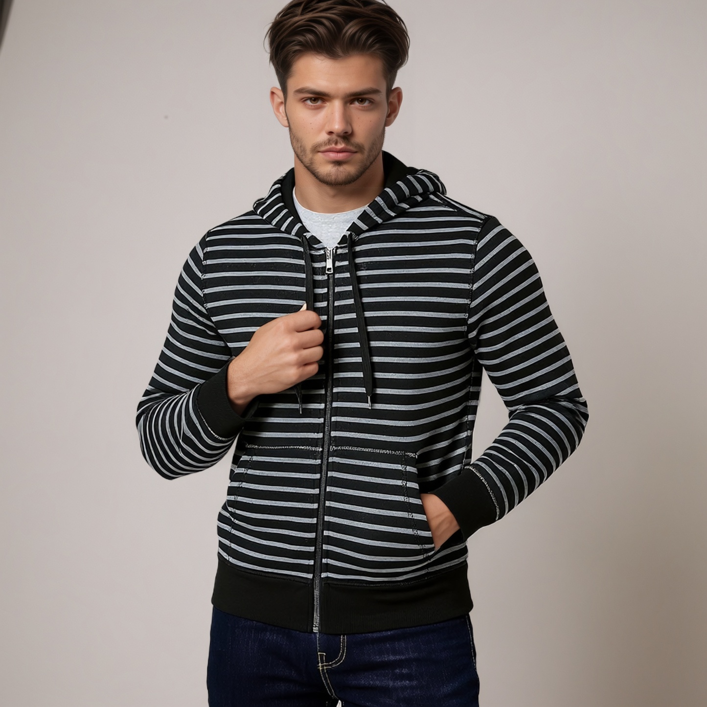 Striped Fleece Zip Hoodie for Men