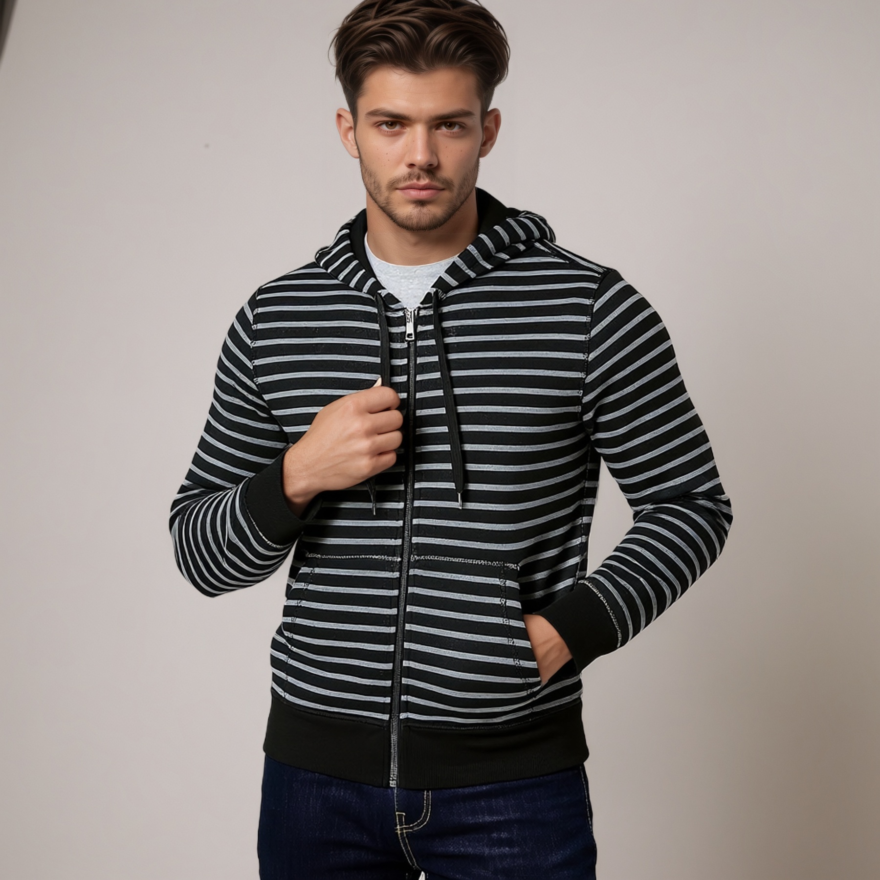 Striped Fleece Zip Hoodie for Men