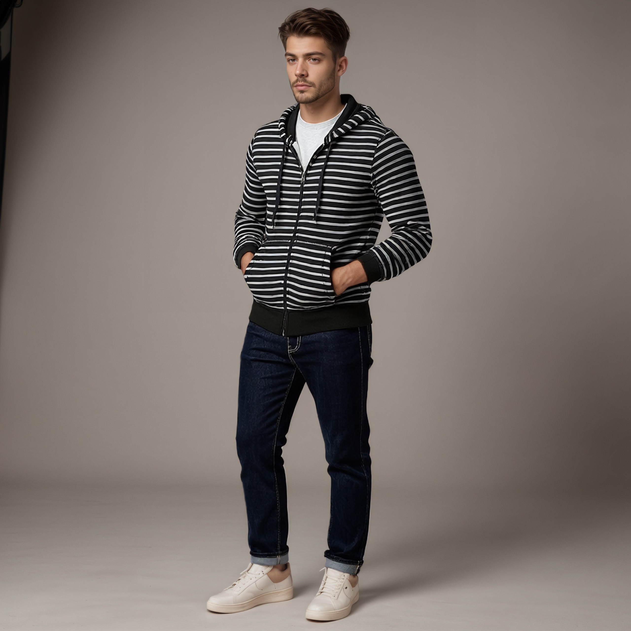 Striped Fleece Zip Hoodie for Men