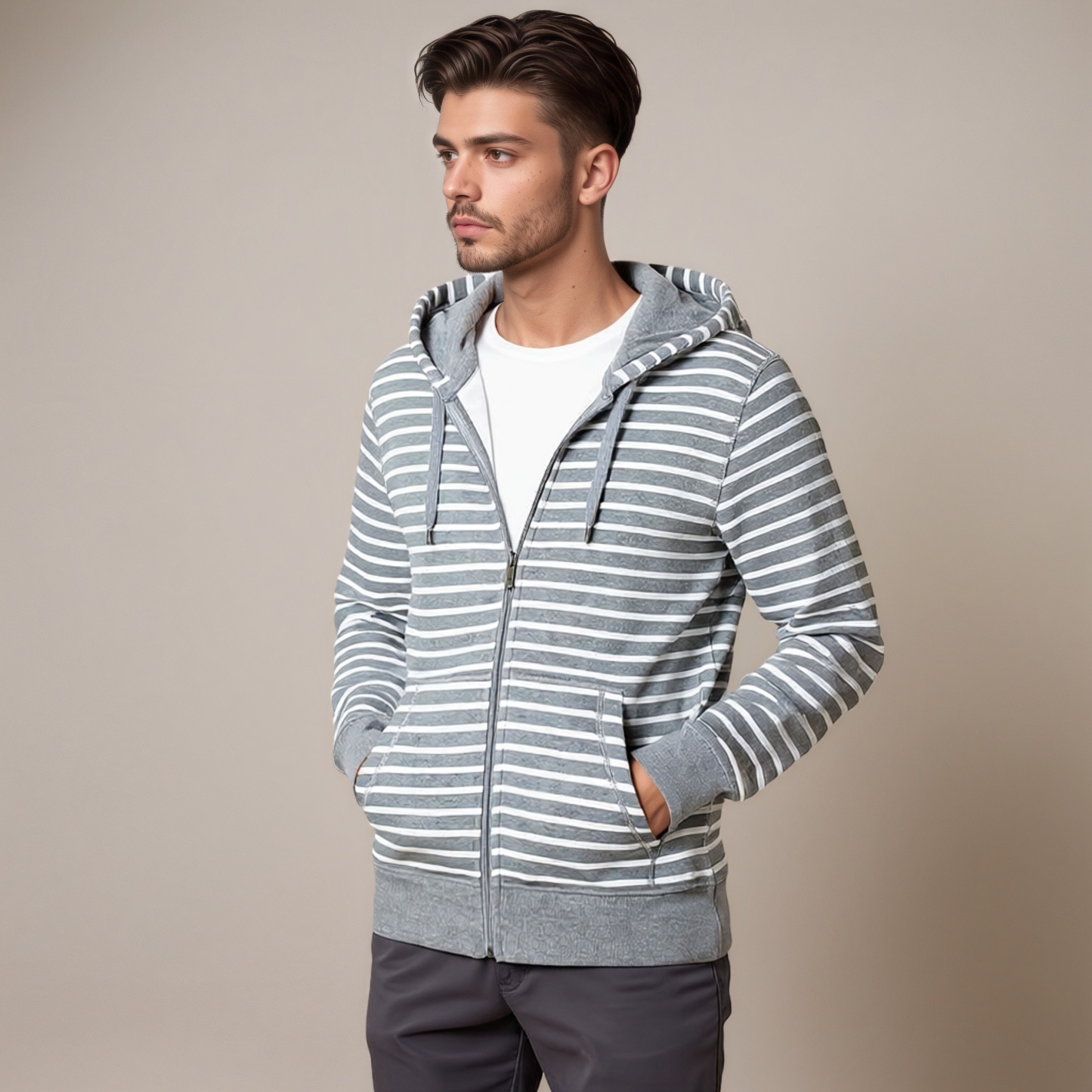 Striped Fleece Zip Hoodie for Men